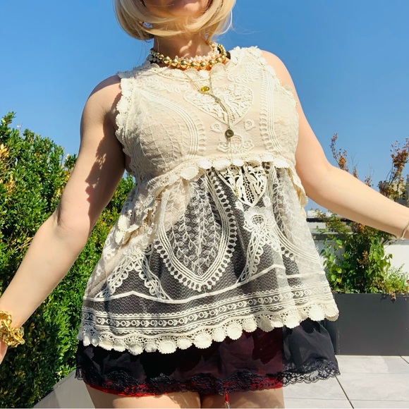 Lux ANNA SUI Vintage Hearts Embroidered Crochet Lace Tank Top Hearts Babydoll - Picture 14 of 16